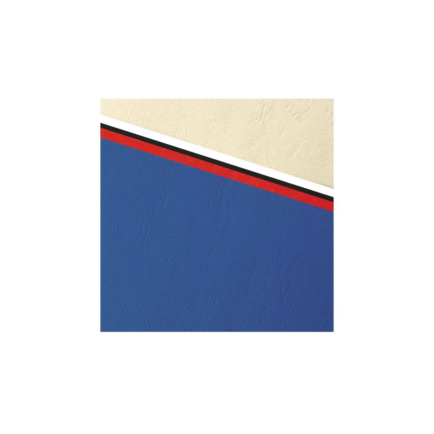 Abstraktes geometrisches Design mit einem cremefarbenen strukturierten Band über einem diagonalen rot-, schwarz- und weißen Streifen über einer großen blauen Fläche.