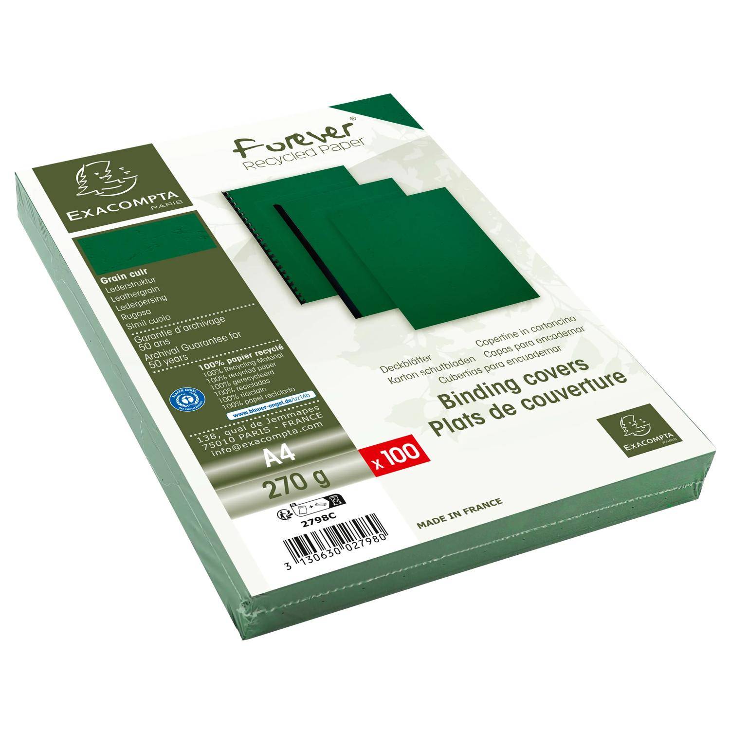 Schachtel mit grünen Exacompta-Recycling-Papier-Bindeandeckeln, A4-Format, 270 g, Packung mit 100 Stück, auf weißem Hintergrund dargestellt.