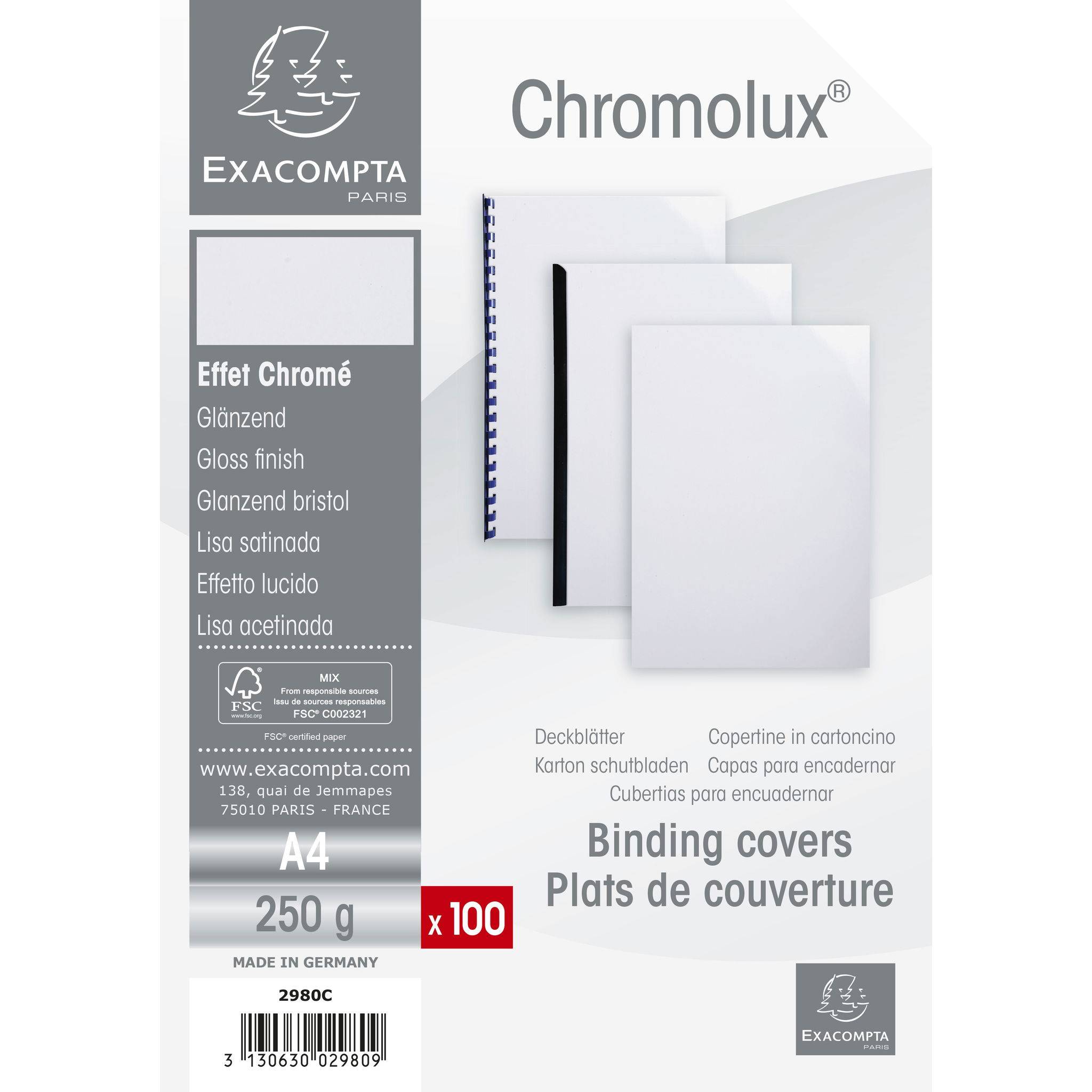 Exacompta 100er Pack Einbanddeckel Chromolux Karton 250g/qm, A4, Weiß, 2980C