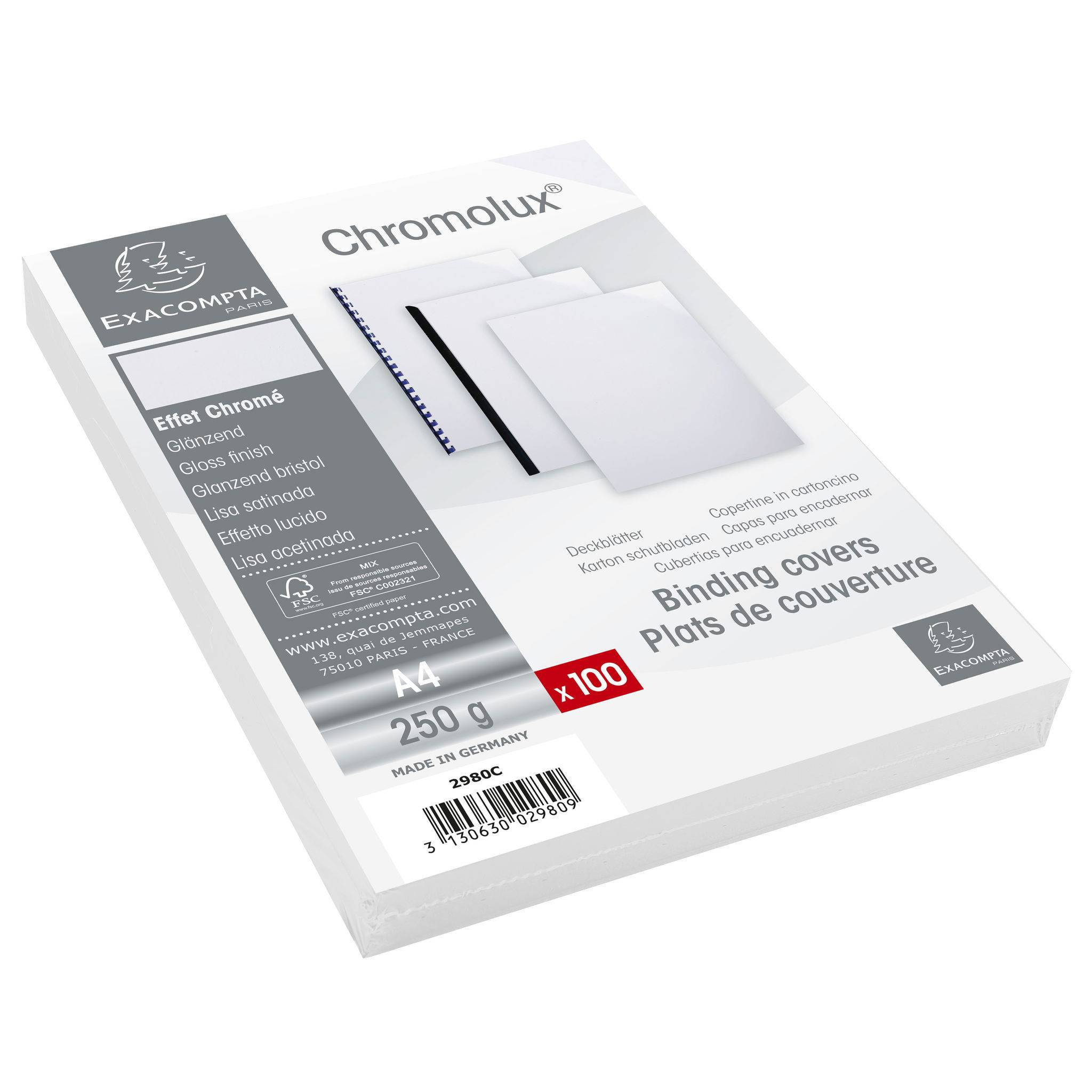 Exacompta 100er Pack Einbanddeckel Chromolux Karton 250g/qm, A4, Weiß, 2980C