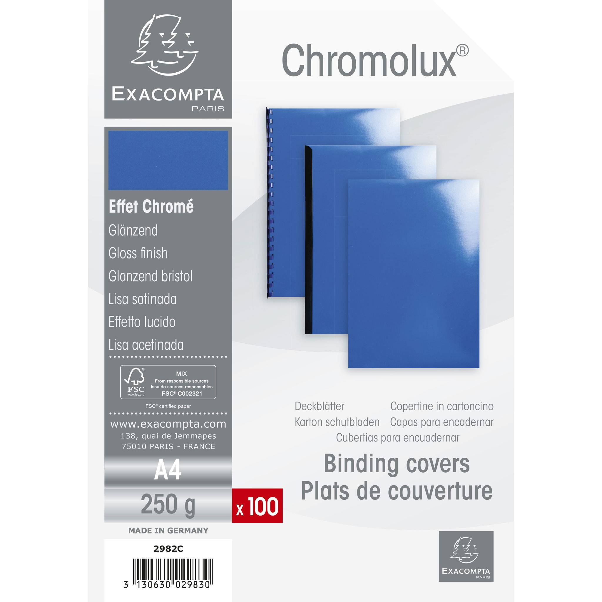 Exacompta 100er Pack Einbanddeckel Chromolux Karton 250g/qm, A4, Blau, 2982C