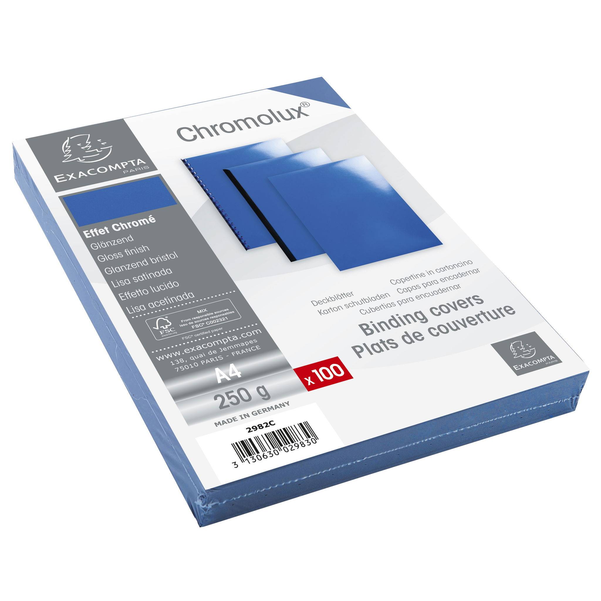Exacompta 100er Pack Einbanddeckel Chromolux Karton 250g/qm, A4, Blau, 2982C