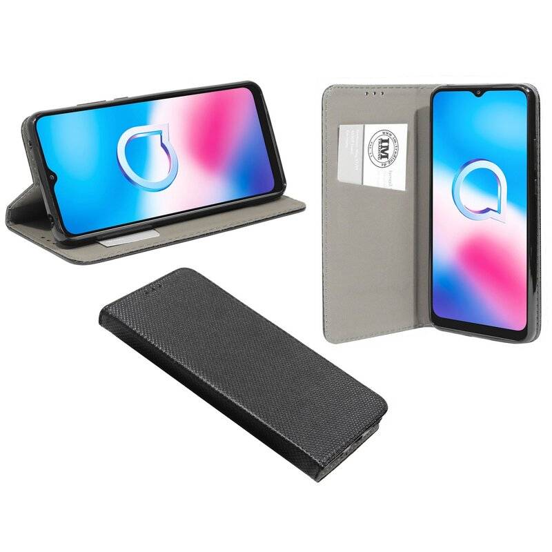 Buch Tasche "Smart" kompatibel mit Alcatel 3X ( 2020 ) Handy Hülle Etui Brieftasche Schutzhülle mit Standfunktion, Kartenfach Schwarz