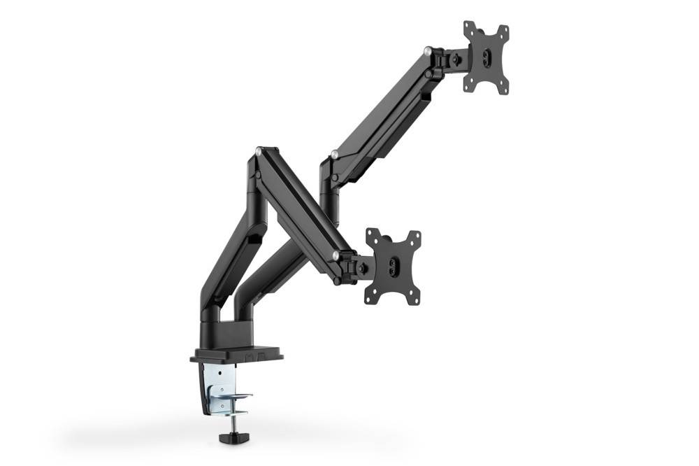 Ein Dual-Monitor-Armständer in Schwarz, mit verstellbaren Armen, zum Befestigen am Schreibtisch. Jeder Arm verfügt über eine VESA-Halterung zum Anbringen von Bildschirmen.