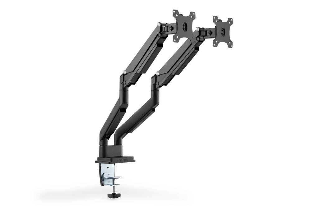 Verstellbarer Doppelmonitor-Armständer mit Tischklemme, zwei Gelenke pro Arm für flexible Positionierung, Halterungsklammern für VESA-kompatible Monitore.