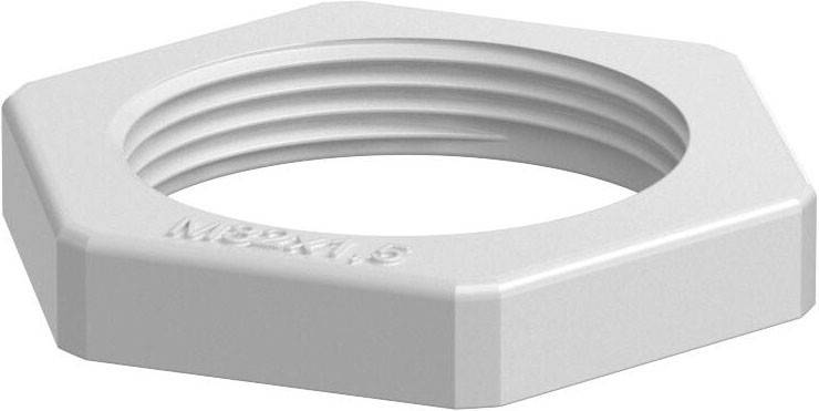 Eine weiße sechseckige Metallmutter mit gewindeter Innenbohrung und eingravierter Größenkennzeichnung auf ihrer Oberfläche.