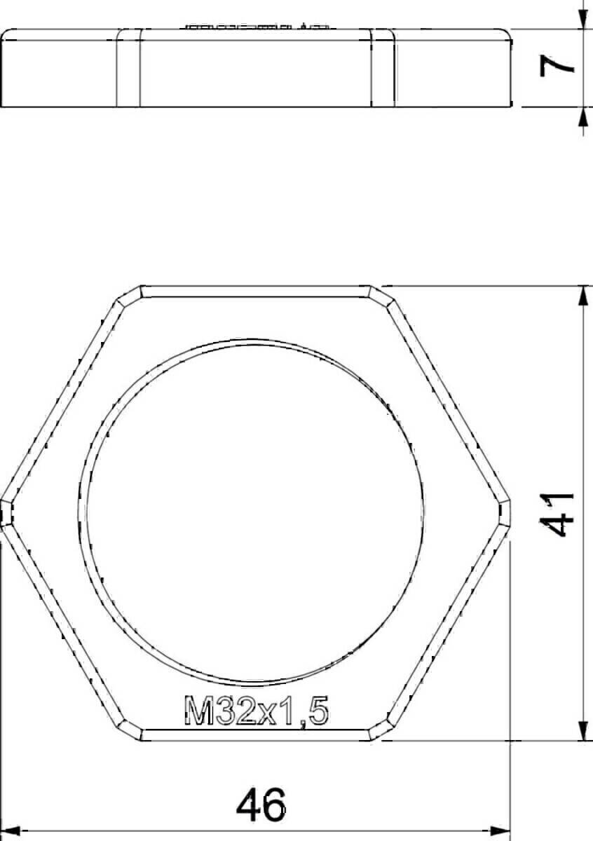 Technische Zeichnung eines sechseckigen Schraubenkopfes, beschriftet mit 'M32x1.5', mit einer Seitenlänge von 41 Millimetern.