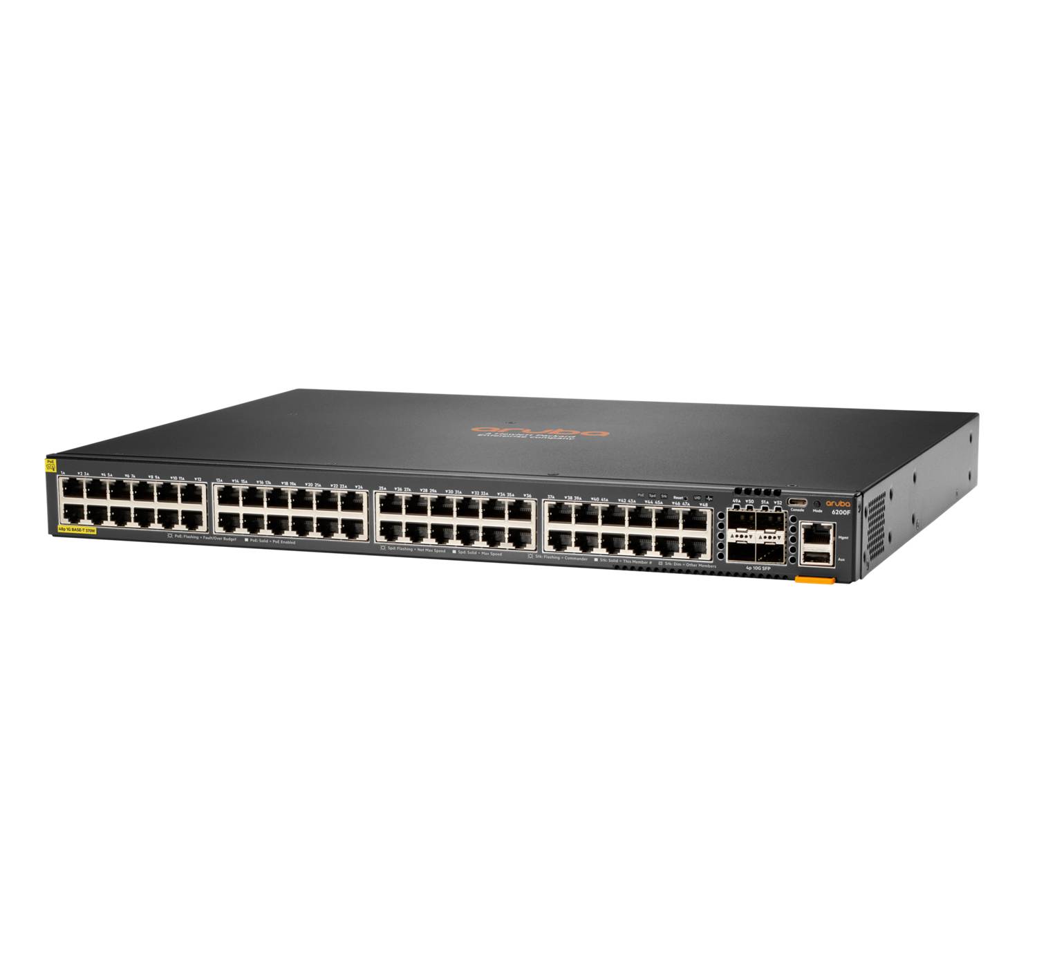 Vorderansicht eines Netzwerk-Switches mit vielen Ethernet-Anschlüssen und einigen Uplink-Anschlüssen auf der rechten Seite, dargestellt vor weißem Hintergrund.