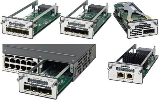 Collage aus Netzwerk-Switch-/Router-Hardwaremodulen und Gehäusen mit Vorder- und Seitenansichten von austauschbaren Schnittstellenkarten mit mehreren Ethernet-Anschlüssen.
