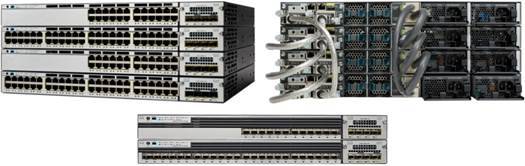 Drei Ansichten von Netzwerk-Switch-Hardware: Frontansichten mit vielen Ethernet-Anschlüssen, eine Rückansicht mit Stromversorgungs- und Kühlkomponenten und ein kleineres Modell mit gestapelten Switch-Schnittstellen.
