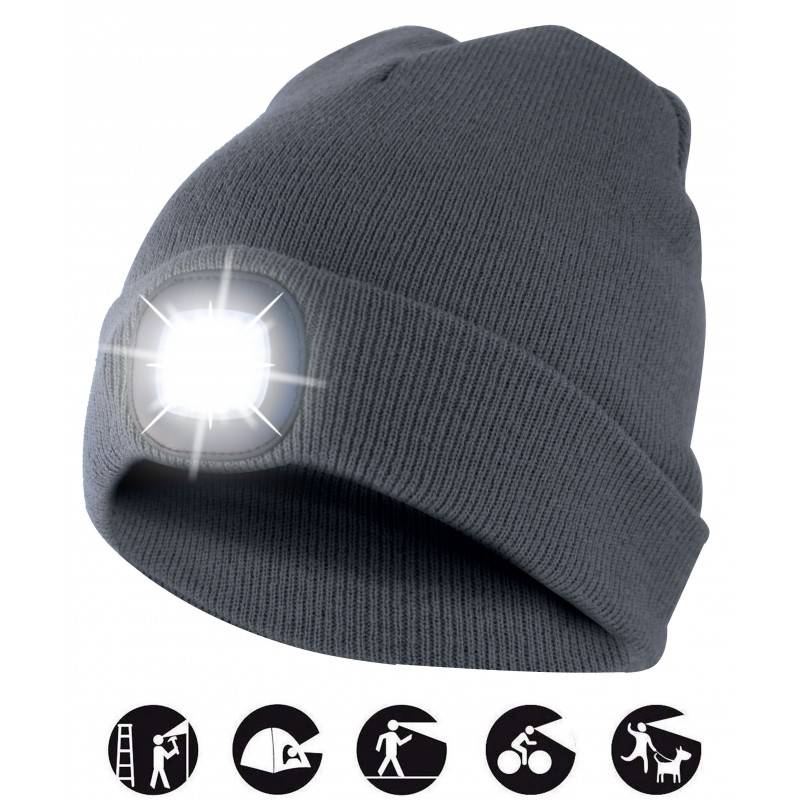 Mütze mit LED-Frontleuchte, Strickmütze mit LED-Licht ideal zum Joggen, Campen, Arbeiten, Spazieren etc., wiederaufladba