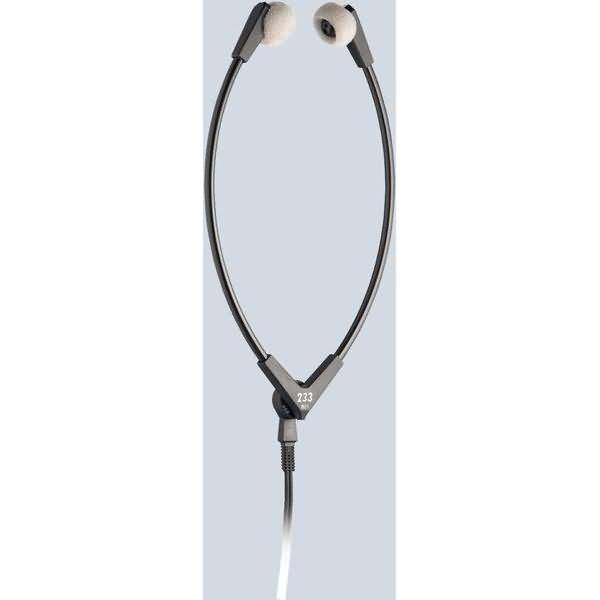 Schwarzes In-Ear-Headset mit Nackenband, Y-förmigem Kabel und einzelnem kabelgebundenem Anschluss auf hellem grauem Hintergrund.