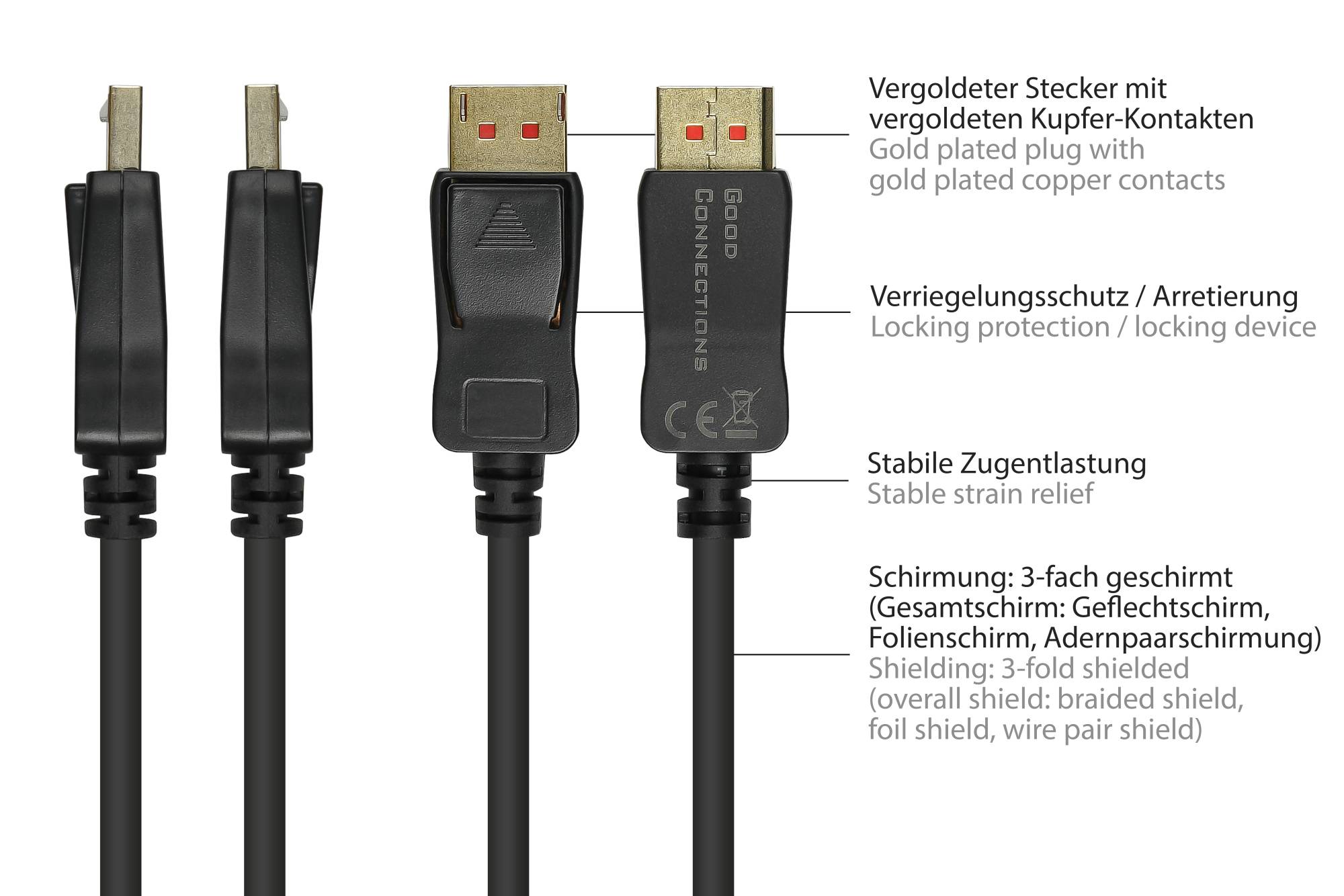 Good Connections® Anschlusskabel DisplayPort 1.4, 8K / UHD-2 @60Hz, vergoldete Kontakte, CU, schwarz, 0,5m, Good Conne