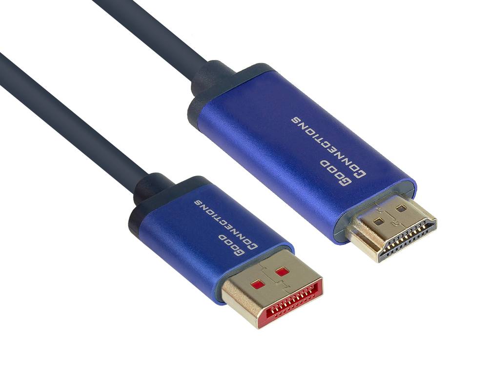 Good Connections® DisplayPort 1.4 an HDMI 2.0 SmartFLEX Kabel, 4K UHD @60Hz, Aluminiumgehäuse, CU, dunkelblau, 1m