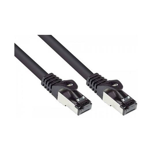 Zwei schwarze Ethernet-Kabel mit RJ45-Steckern auf weißem Hintergrund.