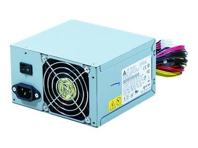 Netzteil für Computer mit Kühlventilator, Wechselstrom-Eingangsbuchse, Ein-/Ausschalter und im Lieferumfang enthaltenen mehrfarbigen Ausgangskabeln.