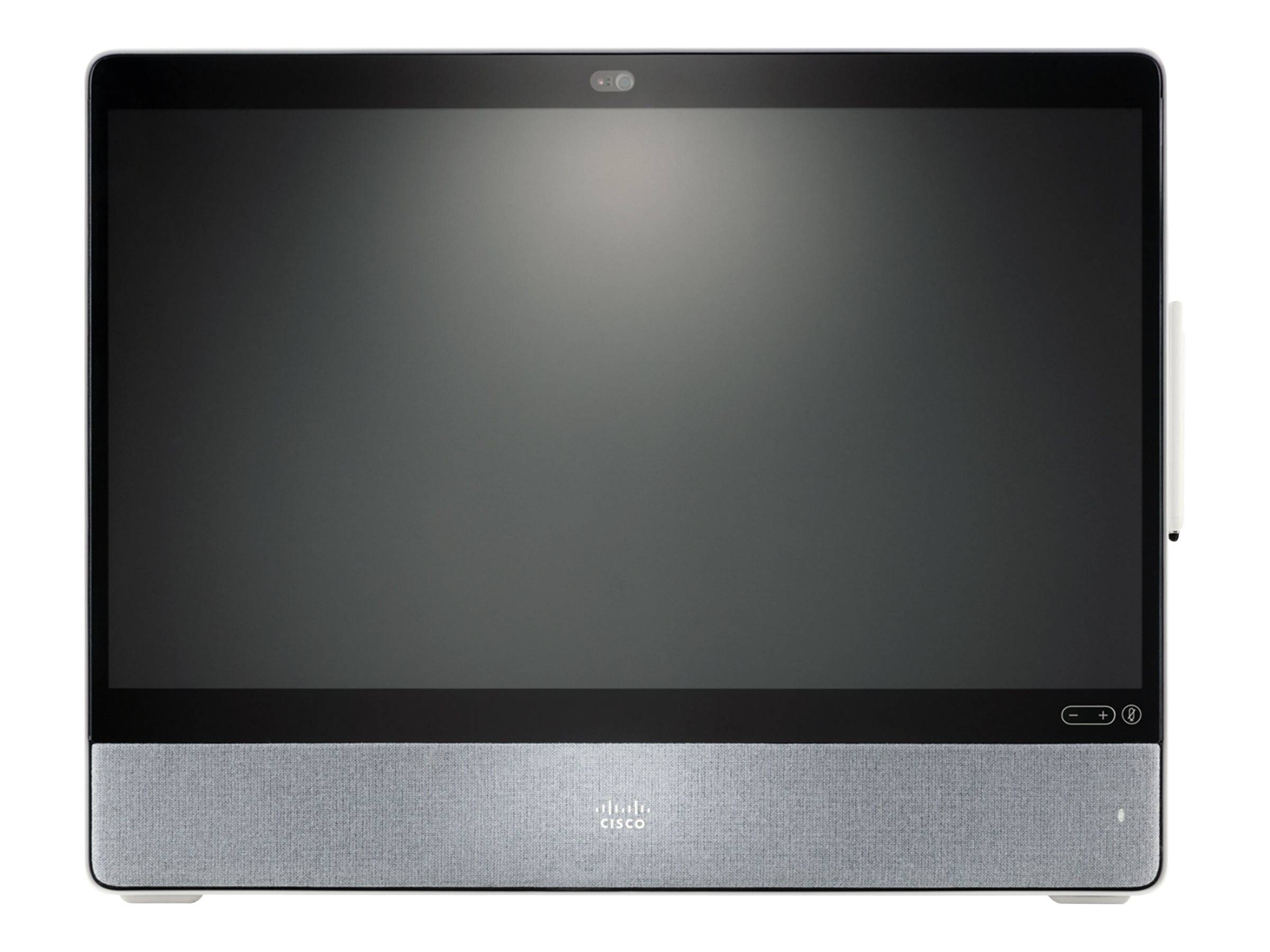 Frontansicht eines Cisco-Touchscreen-Videokonferenz-Displays mit großem schwarzem Bildschirm und silberner Sprecherbasis.
