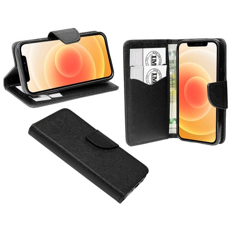 Buch Tasche "Fancy" für iPhone 12 Mini Handy Hülle Etui Brieftasche Schutzhülle mit Standfunktion, Kartenfach Schwarz