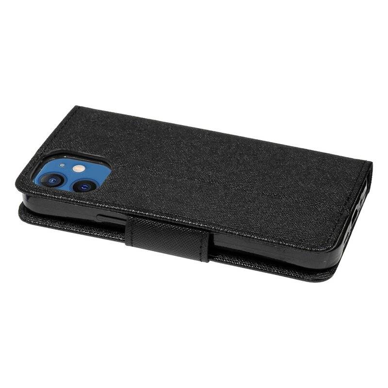 Buch Tasche "Fancy" für iPhone 12 Mini Handy Hülle Etui Brieftasche Schutzhülle mit Standfunktion, Kartenfach Schwarz