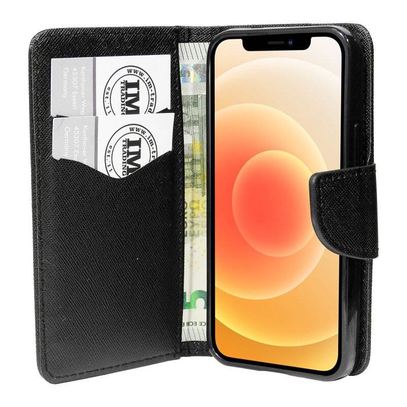 Buch Tasche "Fancy" für iPhone 12 Mini Handy Hülle Etui Brieftasche Schutzhülle mit Standfunktion, Kartenfach Schwarz