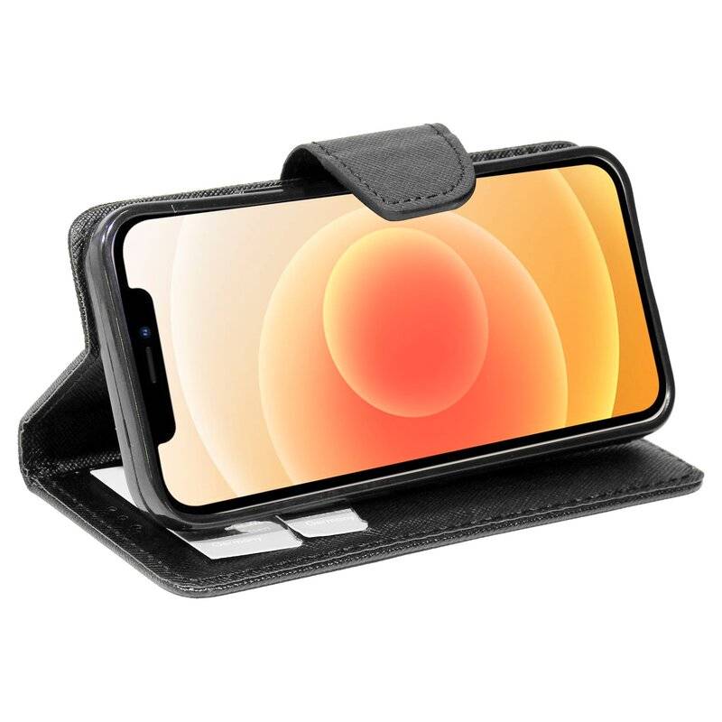 Buch Tasche "Fancy" für iPhone 12 Mini Handy Hülle Etui Brieftasche Schutzhülle mit Standfunktion, Kartenfach Schwarz