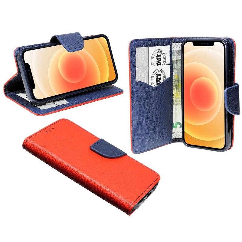 Buch Tasche "Fancy" für iPhone 12 Mini Handy Hülle Etui Brieftasche Schutzhülle mit Standfunktion, Kartenfach Rot-Blau