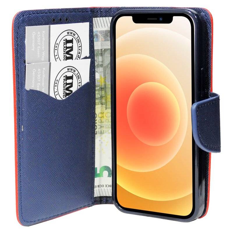 Buch Tasche "Fancy" für iPhone 12 Mini Handy Hülle Etui Brieftasche Schutzhülle mit Standfunktion, Kartenfach Rot-Blau