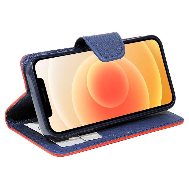 Buch Tasche "Fancy" für iPhone 12 Mini Handy Hülle Etui Brieftasche Schutzhülle mit Standfunktion, Kartenfach Rot-Blau