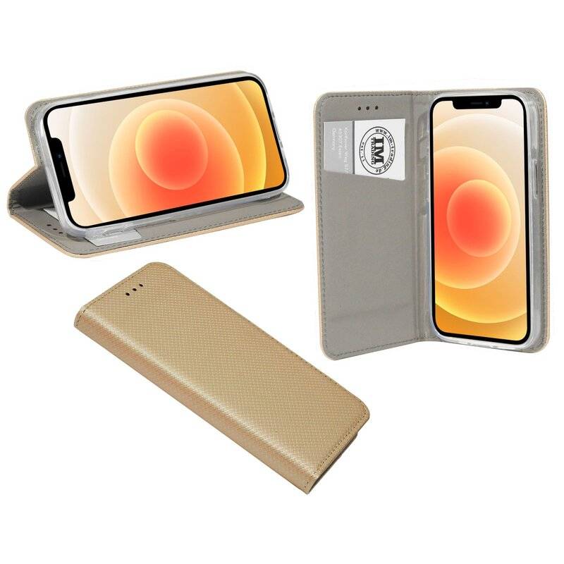 Buch Tasche "Smart" für iPhone 12 Mini Handy Hülle Etui Brieftasche Schutzhülle mit Standfunktion, Kartenfach Gold