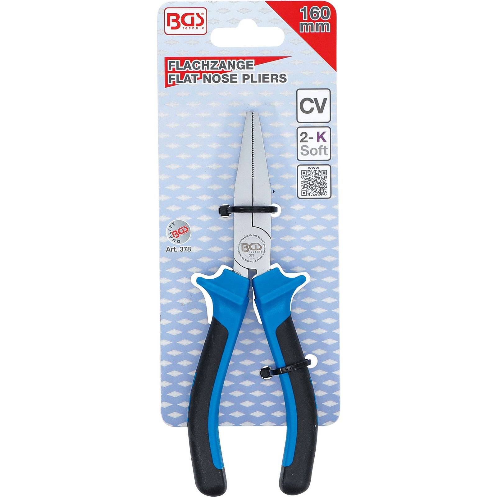 Flachzange, BGS Marke, 160 mm, blaue und schwarze Griffe, ideal zum Biegen oder Greifen kleiner Objekte, auf Verpackung präsentiert.