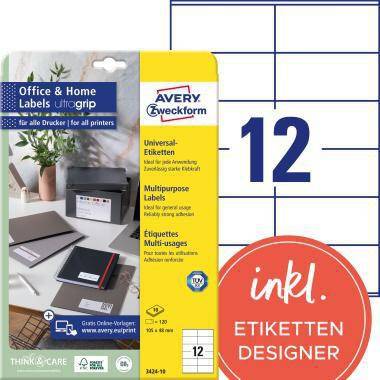 Avery Zweckform Büro- und Heimetikett-Paket für Tintenstrahl- und Laserdrucker, Größe 105 x 48 mm, 12 Blatt, mit integriertem Etikett-Designer.
