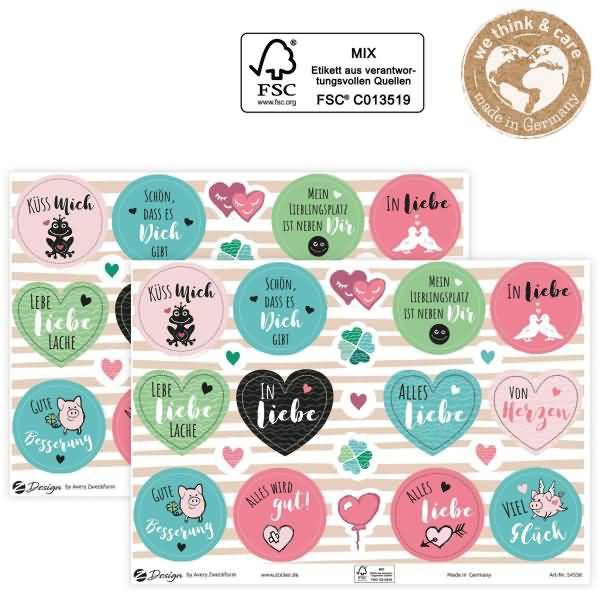 Deko Sticker -Liebe + Glück- konturgestanzt wiederablösbar bunt 42 Stück