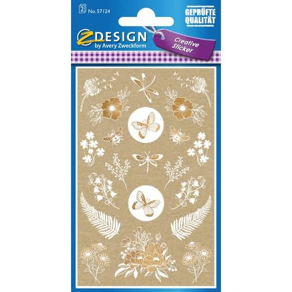 Creative Papier-Sticker Naturlook -Blumen & Insekten- braun weiß gold