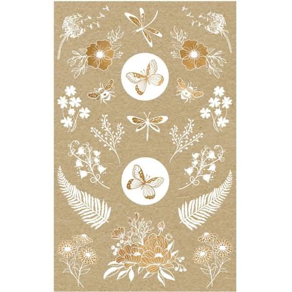 Creative Papier-Sticker Naturlook -Blumen & Insekten- braun weiß gold