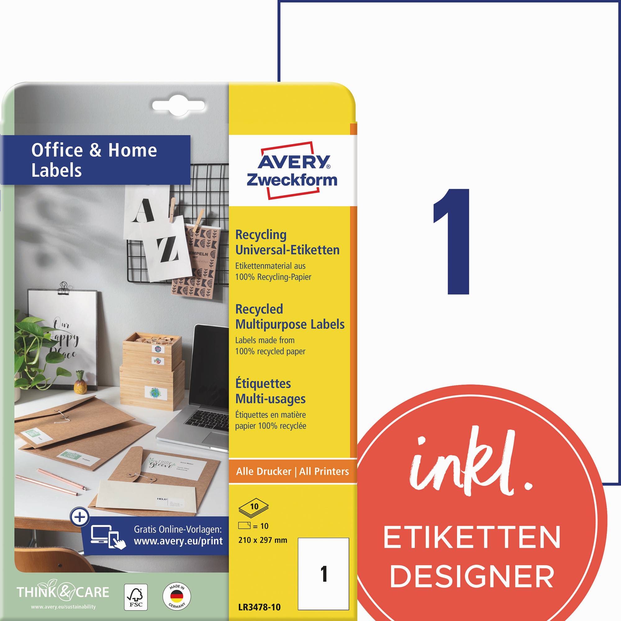 Avery Zweckform Etiketten für Büro und Zuhause, recycelte Universaletiketten, inklusive kostenlosem Etikett-Designer, 1er-Pack.