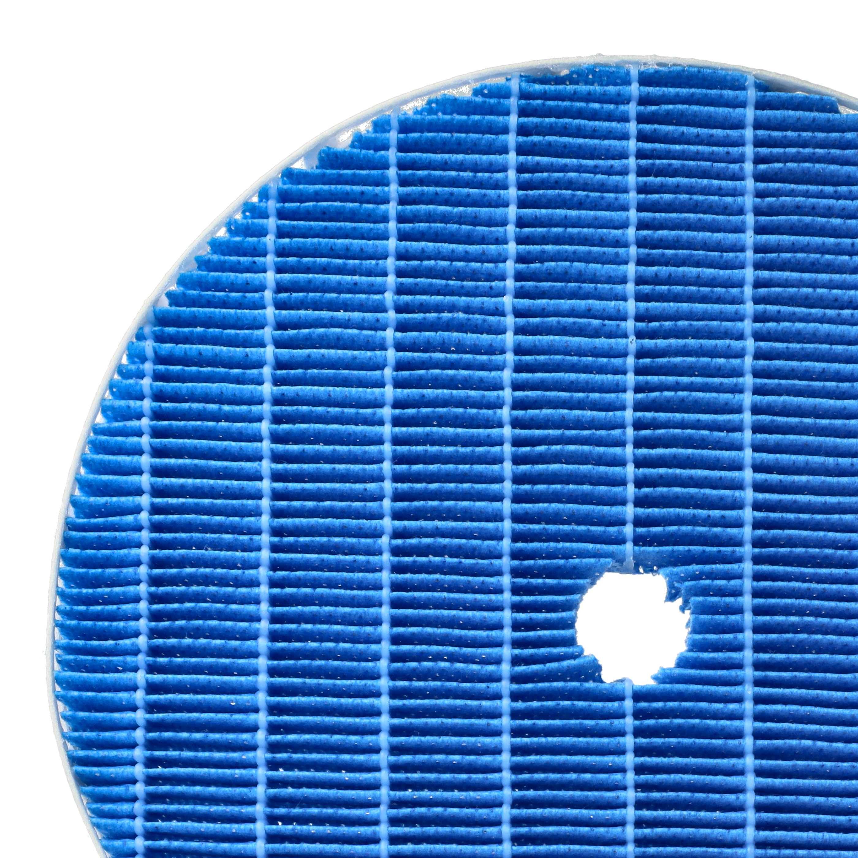 Nahaufnahme eines blauen, runden Luftfilters mit gefältelter Textur und einem kleinen Loch in der Nähe der unteren rechten Seite.
