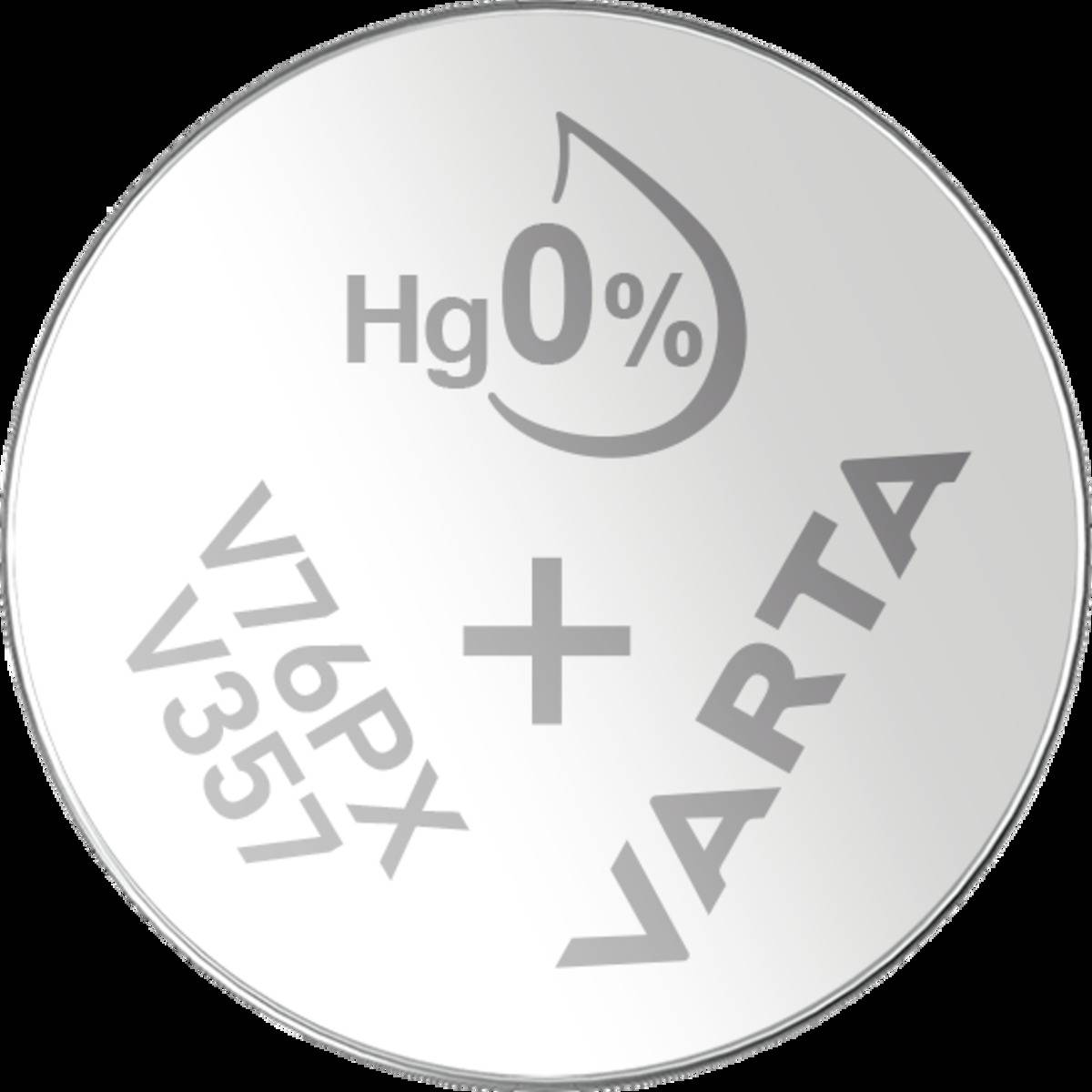 Eine runde silberne VARTA-Batterie mit den Aufschriften 'V76PX V357' und 'Hg 0%', was anzeigt, dass sie quecksilberfrei ist.