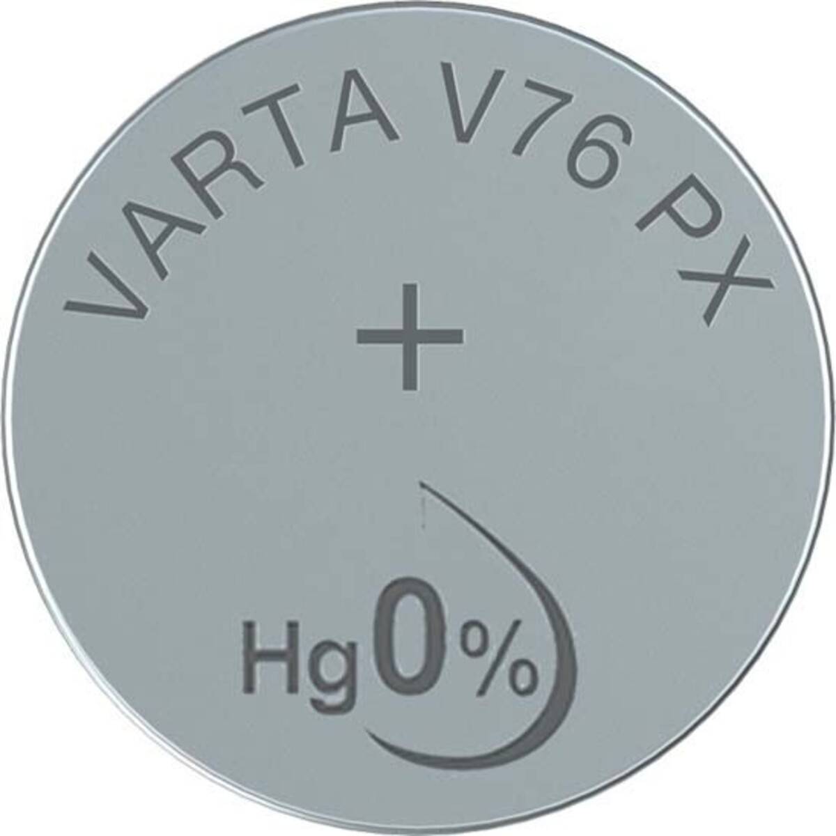 VARTA V76 PX' Knopfzelle mit positivem Symbol und 'Hg 0%', was bedeutet, dass sie quecksilberfrei ist.