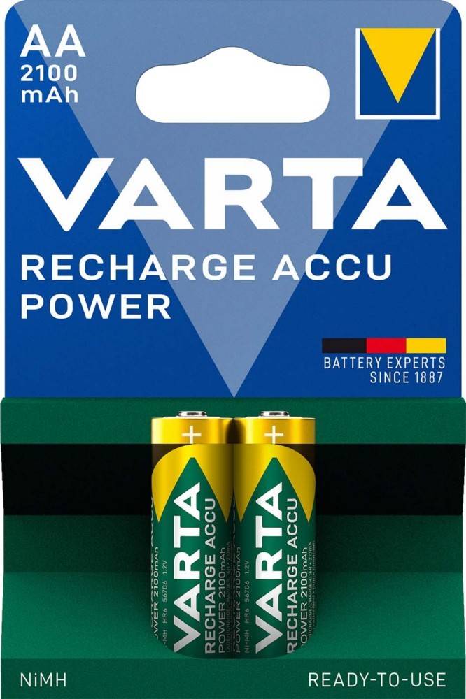 Akku-Pack 'VARTA Recharge ACCU Power' mit zwei AA-Batterien, versehen mit dem Etikett 'Battery Experts Since 1887' in der Ecke.