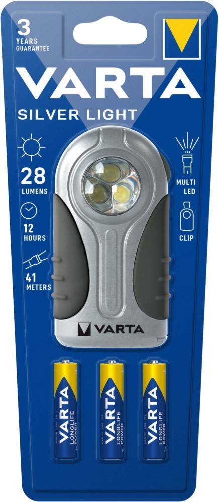 VARTA Taschenlampen-Verpackung zeigt Eigenschaften: 28 Lumen, 12-Stunden-Dauer, 41 Meter Reichweite, Multi-LED, mit Clip.