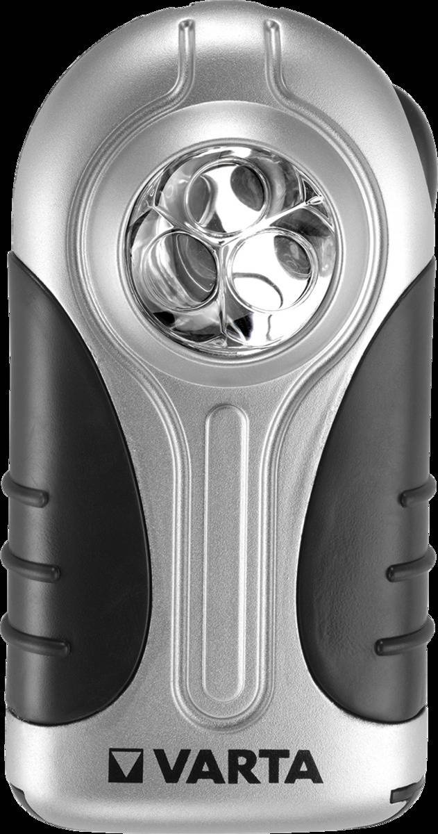 Eine silberne und schwarze Taschenlampe in Handgröße mit glatter Gestaltung und drei LED-Linsen an der Vorderseite, aus der Draufsicht betrachtet.