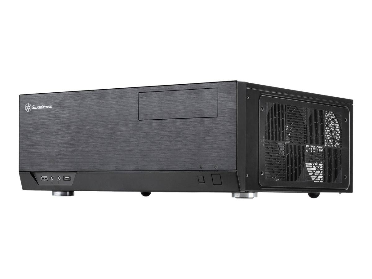Schwarzes SilverStone-Computergehäuse oder Server-Chassis in Seitenansicht mit vorderer Lüftergitter und vorderen Anschlüssen auf weißem Hintergrund