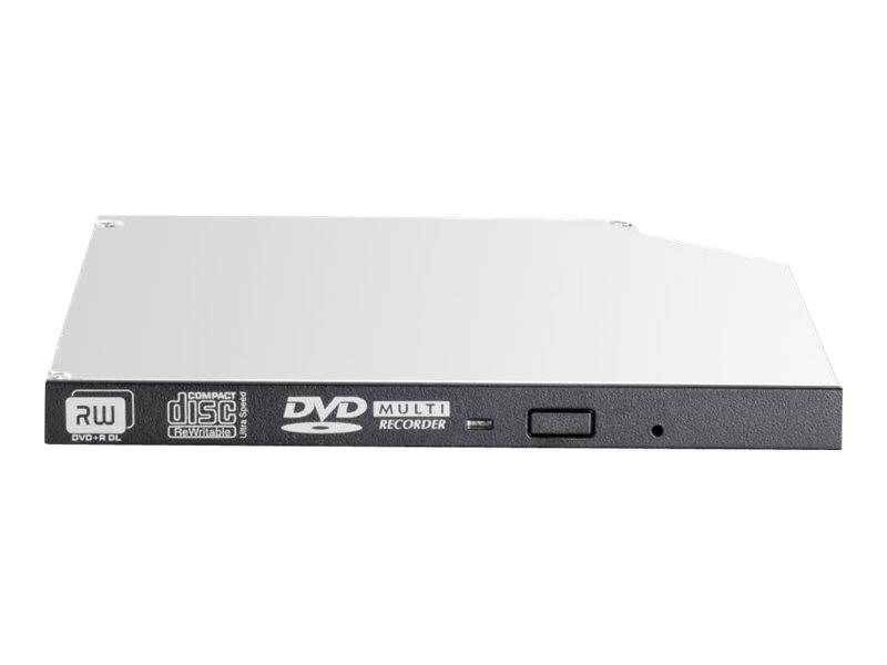 Vorderansicht eines schlanken silbernen DVD-Mehrschicht-Recorderlaufwerks mit Disc-Format-Logos und einem vorderen Tablett, Taste und Anzeigeloch auf weißem Hintergrund