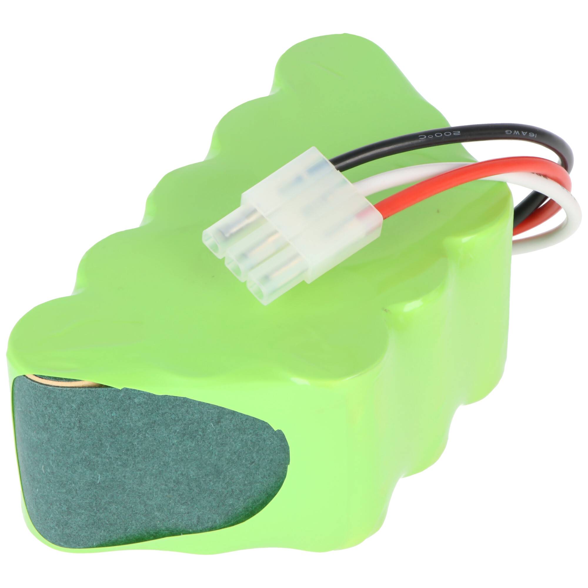 Grüne wiederaufladbare Batteriebox mit weißem Stecker und angebrachten roten, schwarzen und weißen Kabeln.