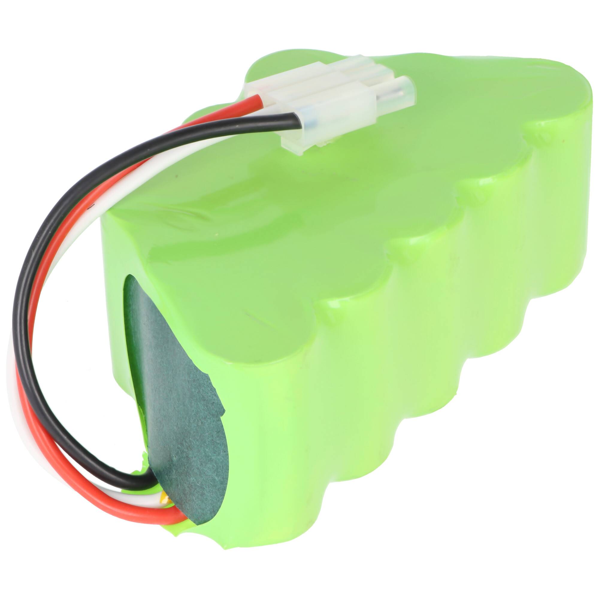 Grüner wiederaufladbarer Batteriepack mit angebrachten roten, schwarzen und weißen Drähten und einem weißen Stecker.