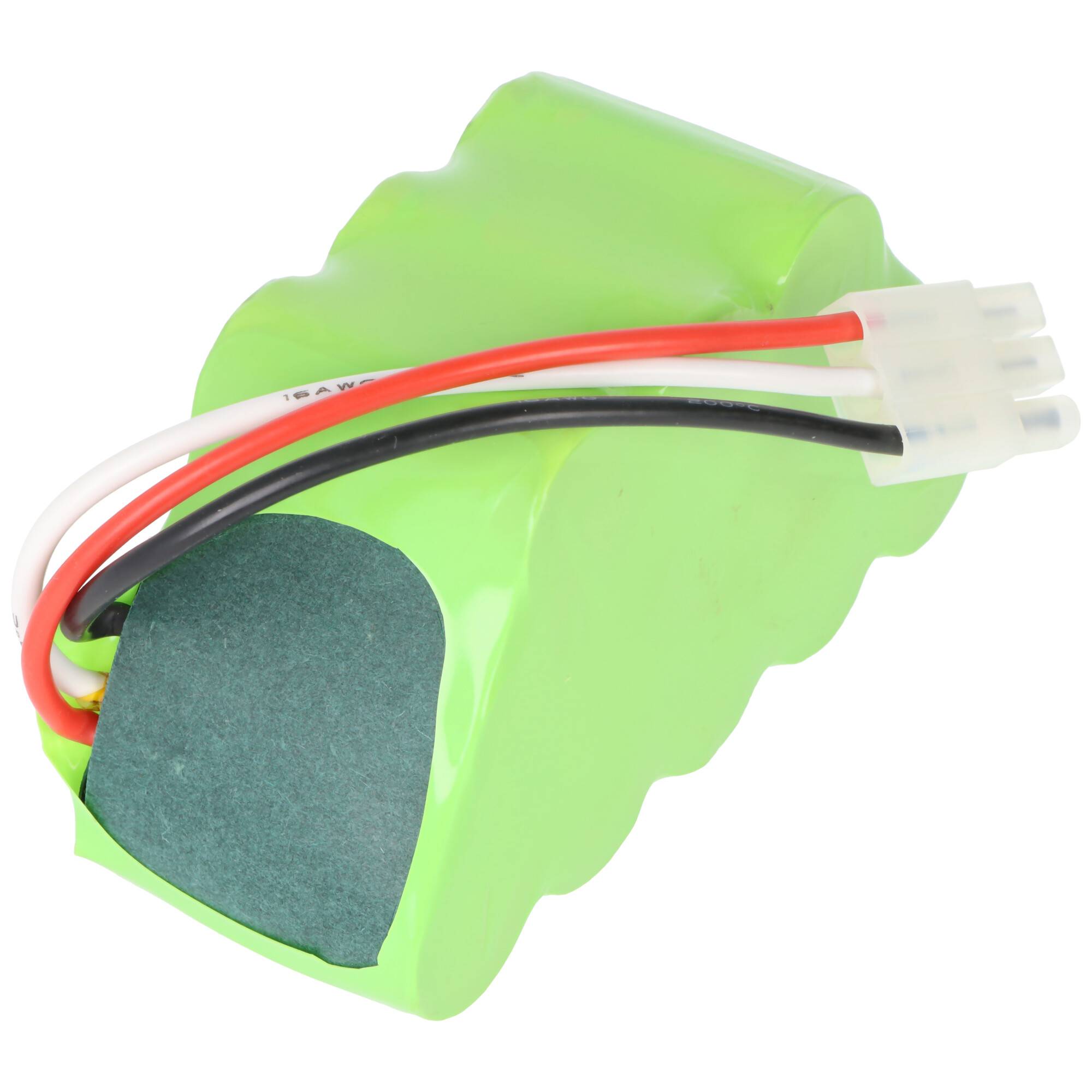 Grüner Batteriepack mit roten, schwarzen und weißen Drähten, die in einem weißen Stecker enden.