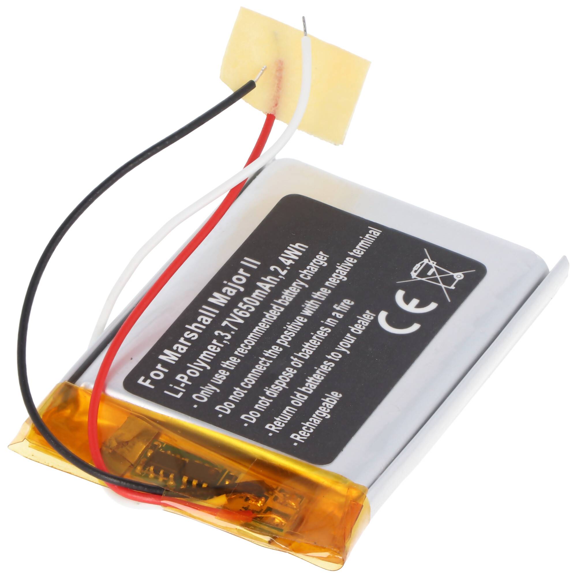 Akku passend für Marshall Major II, Li-Polymer, 3,7V, 650mAh, 2,4Wh, built-in, ohne Werkzeug