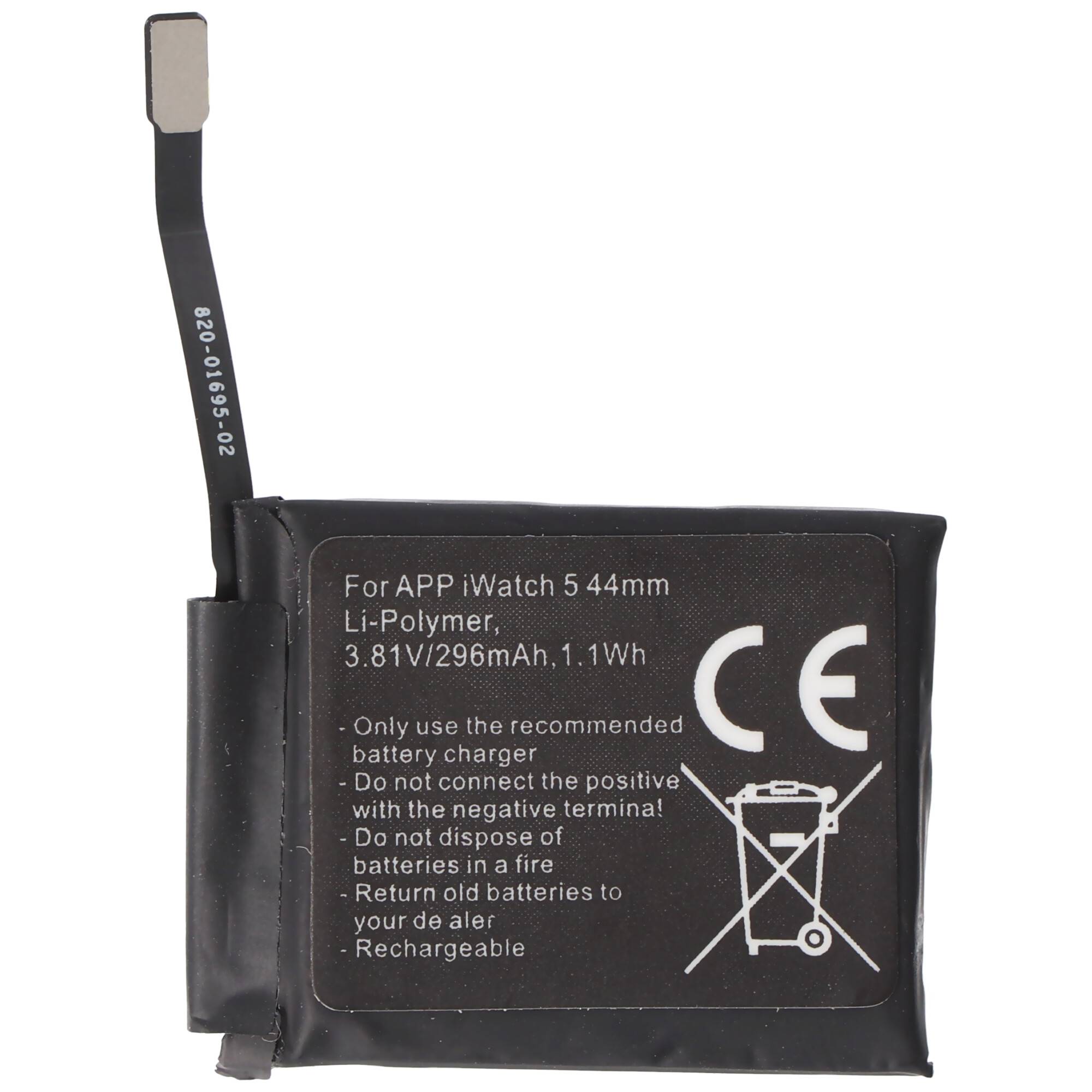 Akku nur passend für Apple Watch 5 44mm, A2181, A2157, Li-Polymer, 3,81V, 296mAh, 1,1Wh, built-in, ohne Werkzeug