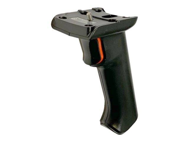 Schwarzer vertikaler Vordergriff oder Pistolengriff mit Montageplatte und orangem Akzent, isoliert auf weißem Hintergrund.