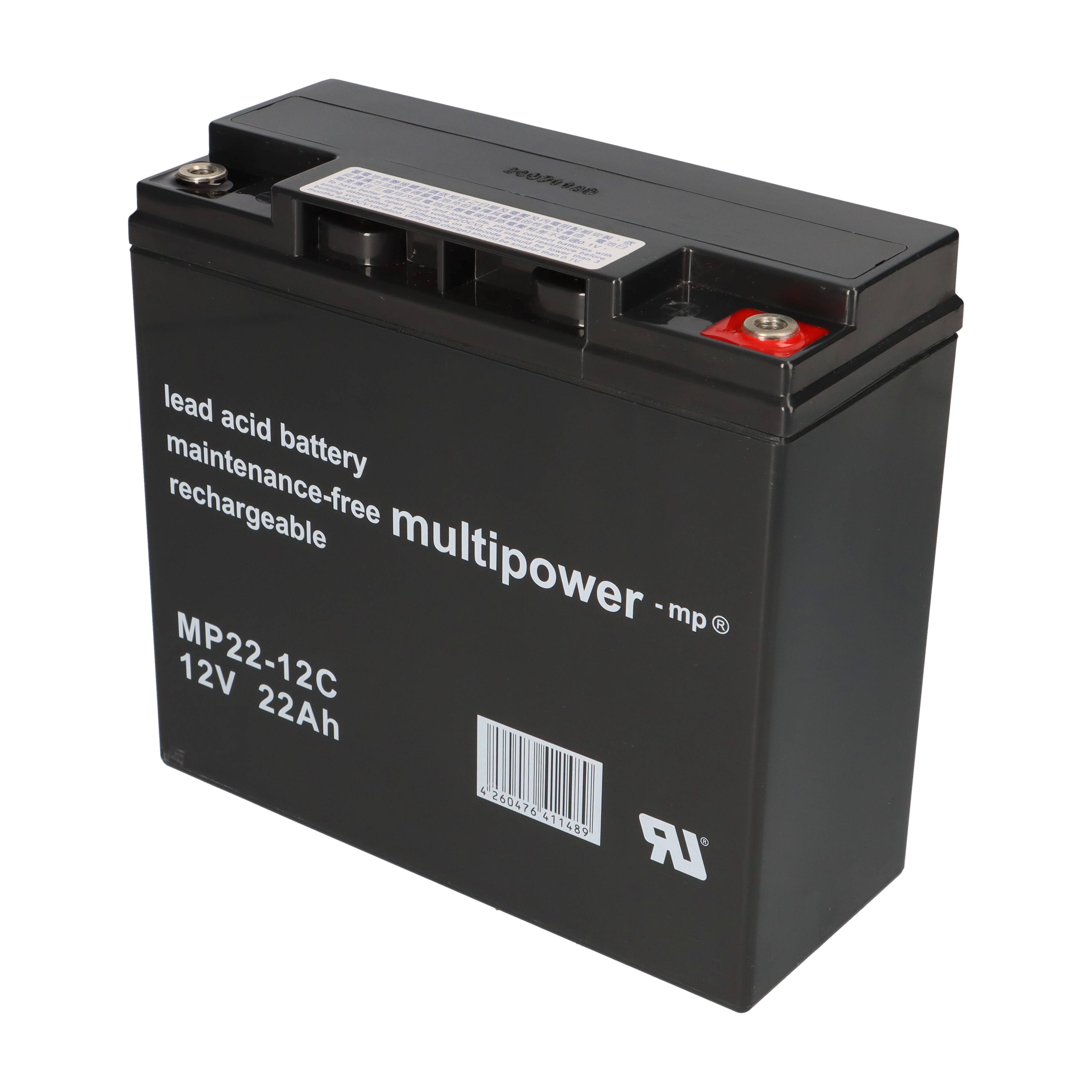 Schwarze 12V 22Ah wartungsfreie Blei-Säure-Wiederaufladbare Batterie mit der Bezeichnung 'multipower' und 'MP22-12C'.